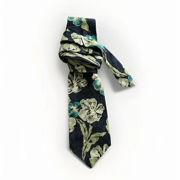 Bachrach 100% SILK Tie Navy Green Tan Floral Abstract Pattern Made in USA - Picture 1 of 4